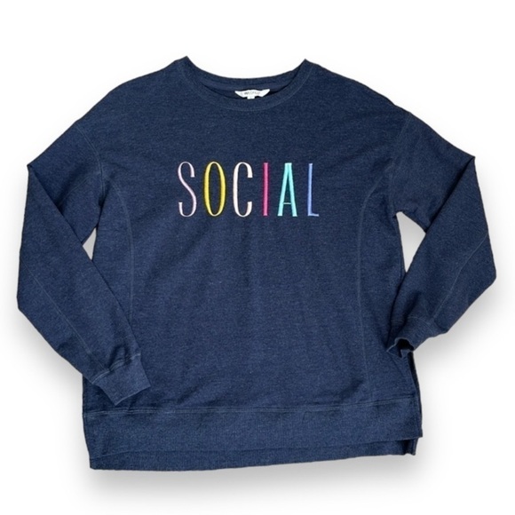 Wildfox Womens S Social Sweatshirt Blue Embroidered Crewneck Lounge Relax Cozy - Picture 1 of 11